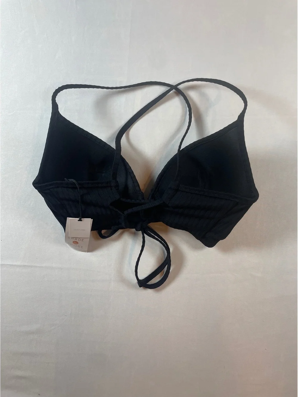 NWT Shade & Shore Black Ribbed Bralette Bikini Top 34C Crisscross Back